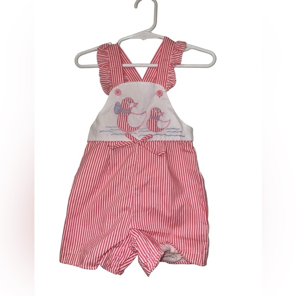 Vintage Joyeux gamins happy kids pink striped duck embroidered romper 18m - Picture 1 of 3